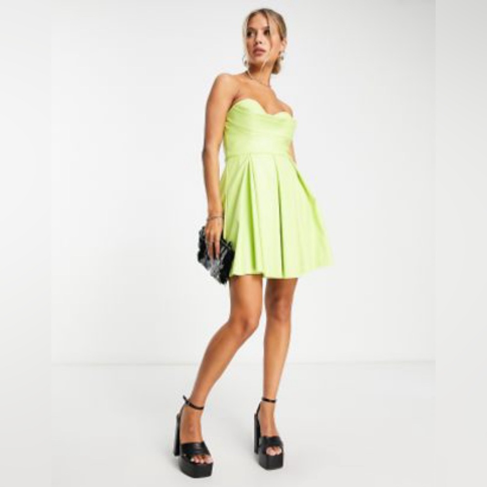 ASOS DESIGN corset PU bandeau mini dress with pleat skirt in green